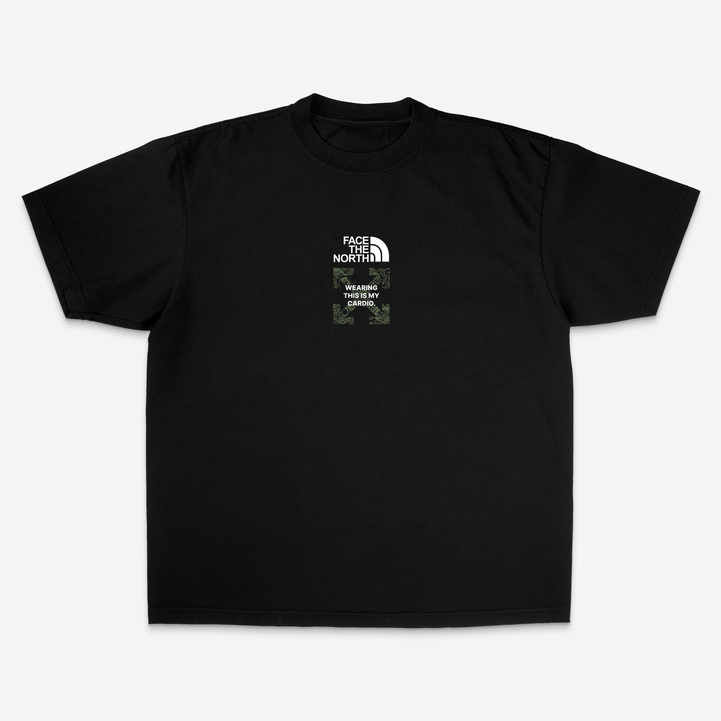 Text-based design featuring “FACE THE NORTH” in bold white letters with parody logo, on a black background. Minimalist sarcasm from Good Quacks Parody Drop Vol. 2.