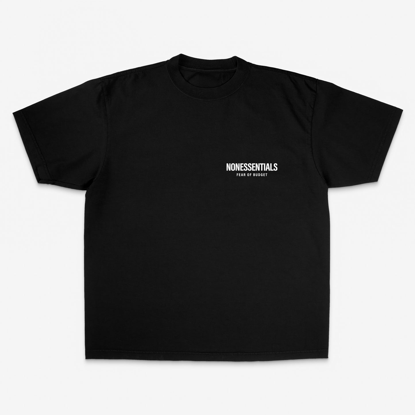 Nonessentials — Fear of Budget shirt. Premium oversized parody tee by Good Quacks. Streetwear style, high-quality graphic design.