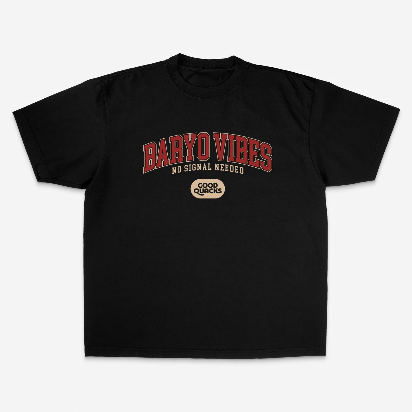Baryo Vibes shirt — premium oversized Pinoy streetwear tee inspired by probinsya life. Designed by Good Quacks.