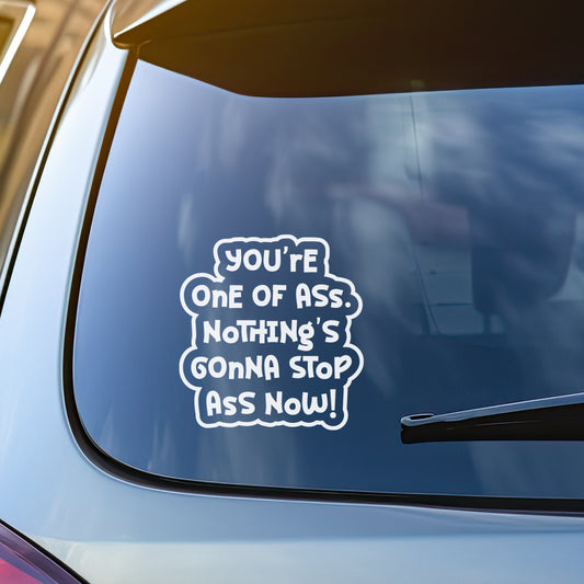 You're One of Ass vinyl sticker with humorous typography that reads 'You're one of ass. Nothing's gonna stop ass now,' perfect for pun lovers.